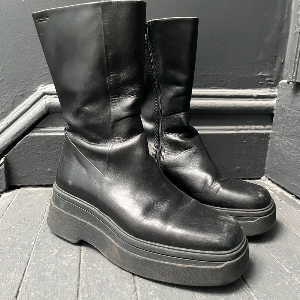 Vagabond Black Platform Leather Mid-Calf Boots